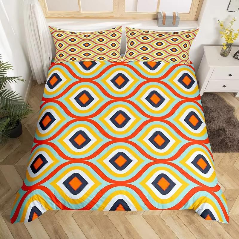 Retro 70-tals King Påslakan Mikrofiber 3D Abstrakt Geometri Täcke Örngott Mellankrigstiden Exotiskt Blommigt Sängklädesset