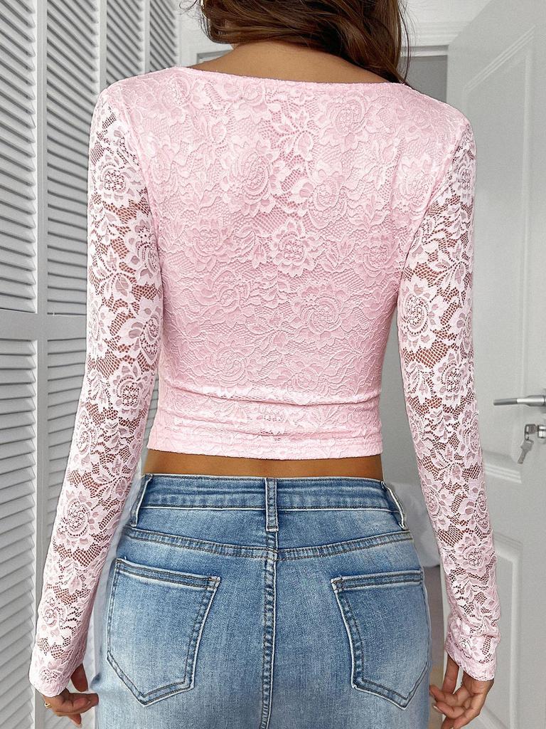 Y2K Sexy Deep V Cutout Lace Pullover - Spring/Summer 2025 Women's Top, European & American Sweet and Spicy Style