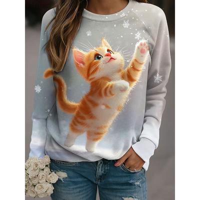 Moletom de Gola Redonda com Estampa de Gatinho Fofo Feminino para Outono Inverno Tendência Estampa 3D Manga Longa Roupas Femininas Y2K Streetwear