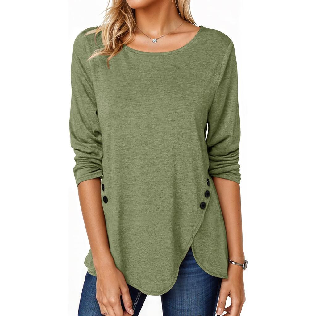 Women's T-shirt, Color, Round Neck, Long Sleeve, Irregular Button, Hem Top