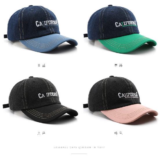 Men's baseball cap with letter embroidery, color-blocked design, and denim accents, suitable for outdoor activities, providing sun protection and