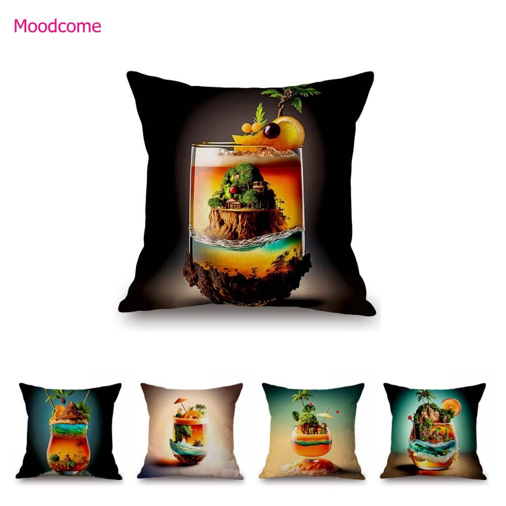 Colorful Cocktail Drink Art Summer Beach Drink Decorative Cotton Linen Sofa Throw Pillow Case Machine Wash Car Cushion Cover
