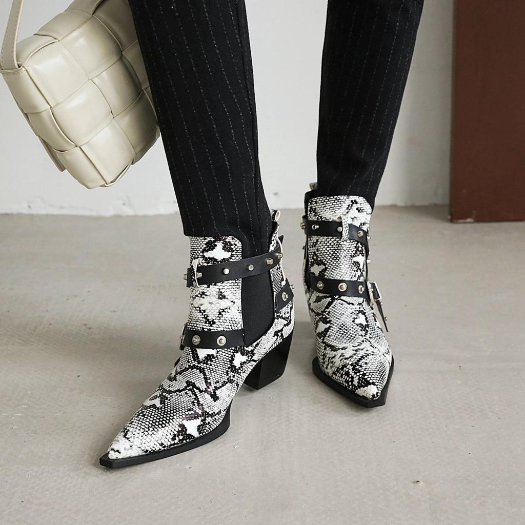 Fashion 40-45 Plus Size Sexy Snake Pattern Stretch Riding Botas High Heels Chelsea Bottes Pointed Toe Belt Buckle Ankle Boots Women 2025
