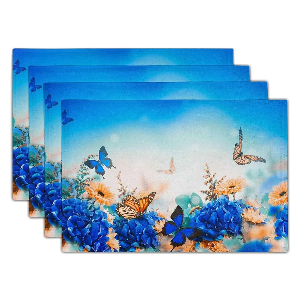 4PC Flowers Butterfly Table Pad Entomology Watercolor Table Mats Rectangle Durable Placemat Heat Insulation Burlap Kitchen Mat