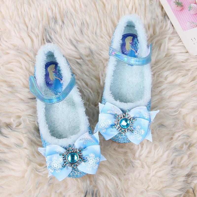 Fleece Elsa princess shoes autumn and winter new girls' leather shoes children's crystal shoes little girl fluffy shoes baby cotton shoes