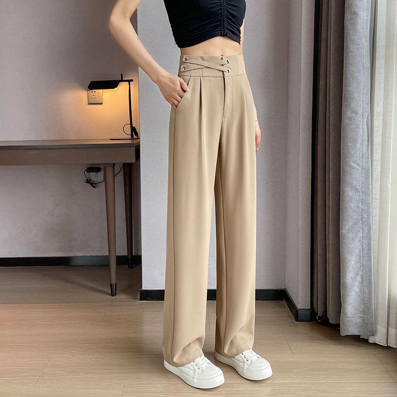 Khaki Women's High Waist Wide Leg Ice Silk Pants - Slim Fit, Floor Length, Casual Suit Style