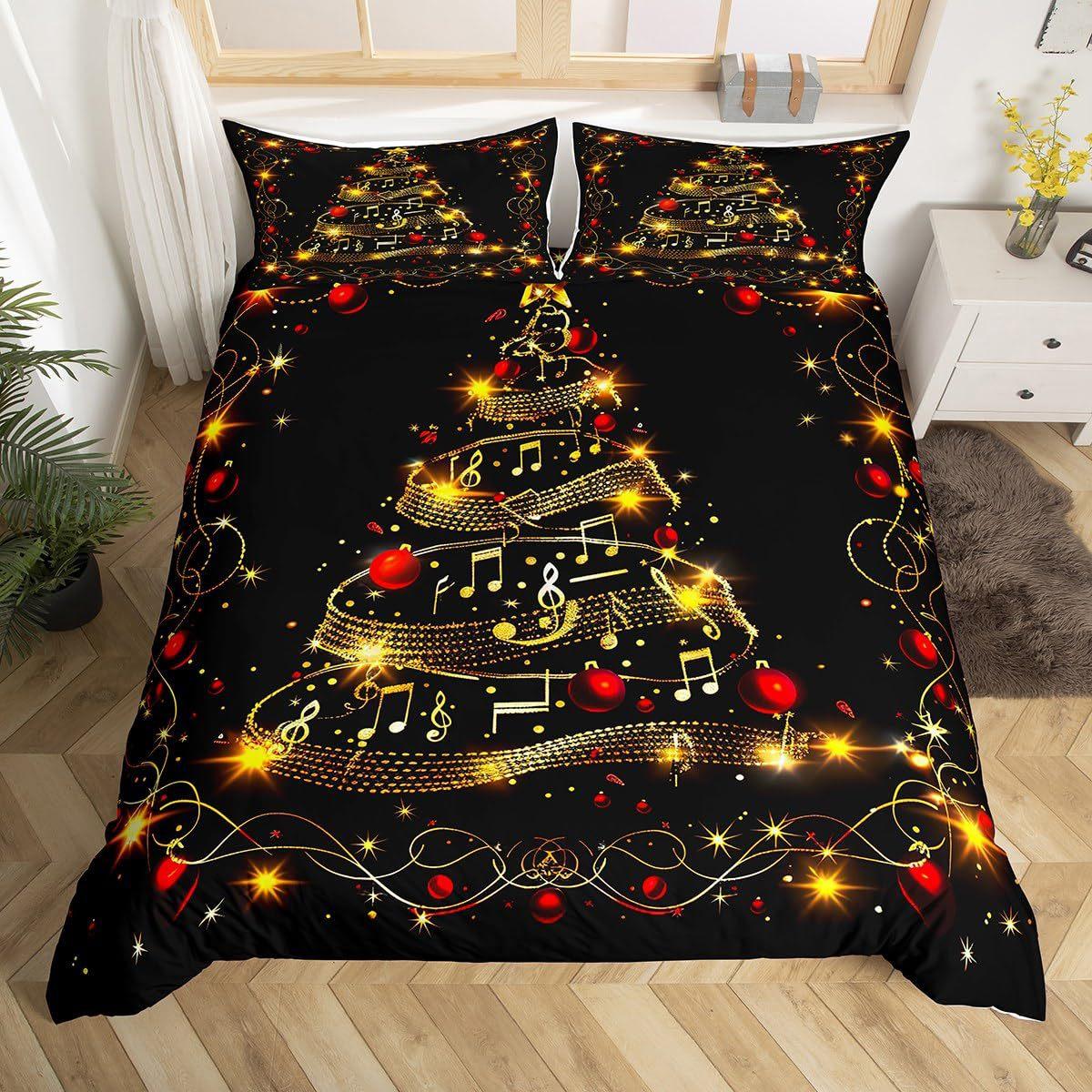 Black Gold Christmas Tree Musical Note Down Comforter Set Bedding Set 3-piece 135*200cm