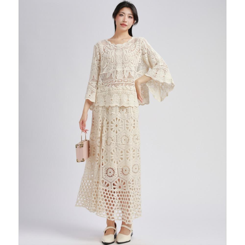 

DIMANAF 2025 Новый юбочный костюм женский пляжный с коротким рукавом кружевной вязаный с вырезами сексуальный с круглым вырезом полый летний стиль топы футболки свободный базовый one size бежевый