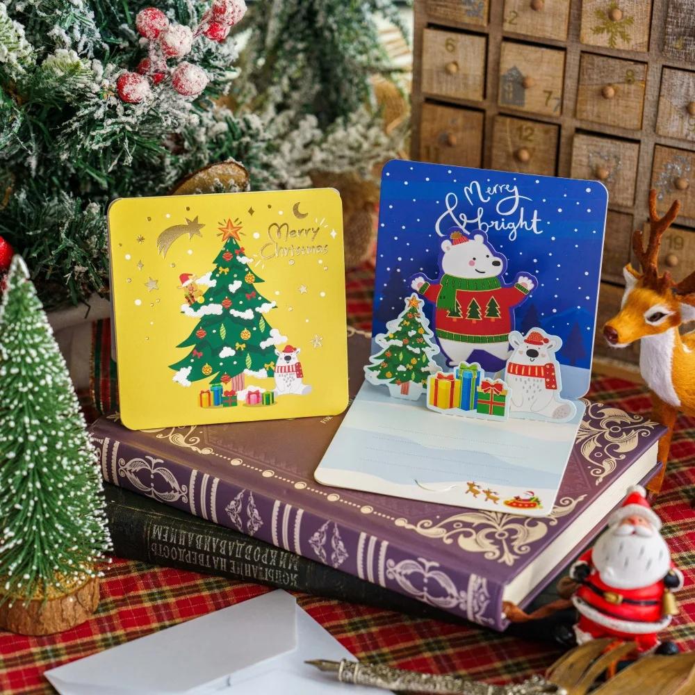 Merry Christmas Fold Small Greeting Cards with Envelopes Xmas Postcard Navidad New Year 2025 DIY Gift Card Decoration Noel