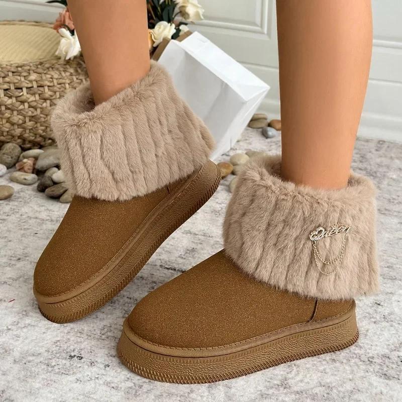 2024 Marke Damen Schuhe Slipper Damen Stiefel Mode Metalldekoration Alltagsstiefel Damen Winter Die Kette Übergröße Schneestiefel