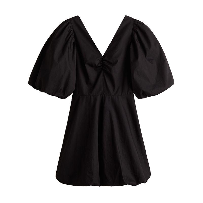 

Spring and Summer New Cotton Blend V Neck Half Length Lantern Sleeve Open Back Rear Shoelace Bubble Dress 1239797 Black L