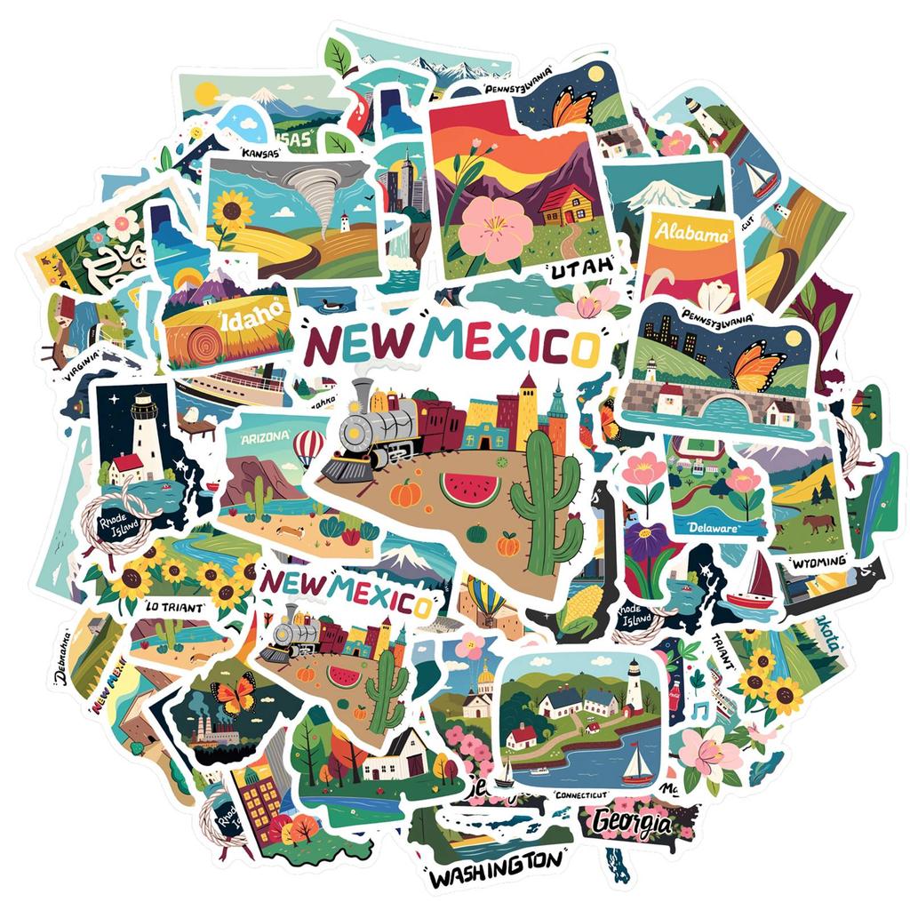 35pcs Artistic US States Stickers Colorful Landmarks Geography Stickers State Decals For Guitar DIY Skateboard Laptop Luggage