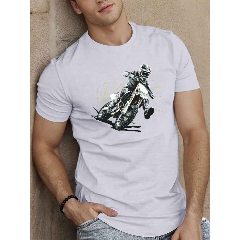 European Size Men's Motocross Rider Graphic Tee - Breathable Polyester, Crew Neck, Short Sleeve, Casual Summer T-Shirt with Geometric Design