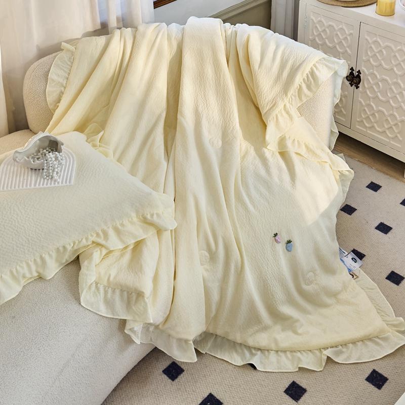 1Pc Solid Color Cool Feeling Summer Quilt Korean Style Ins Ruffle Edge Air Conditioning Thin Comforter Home Queen Size Bedding