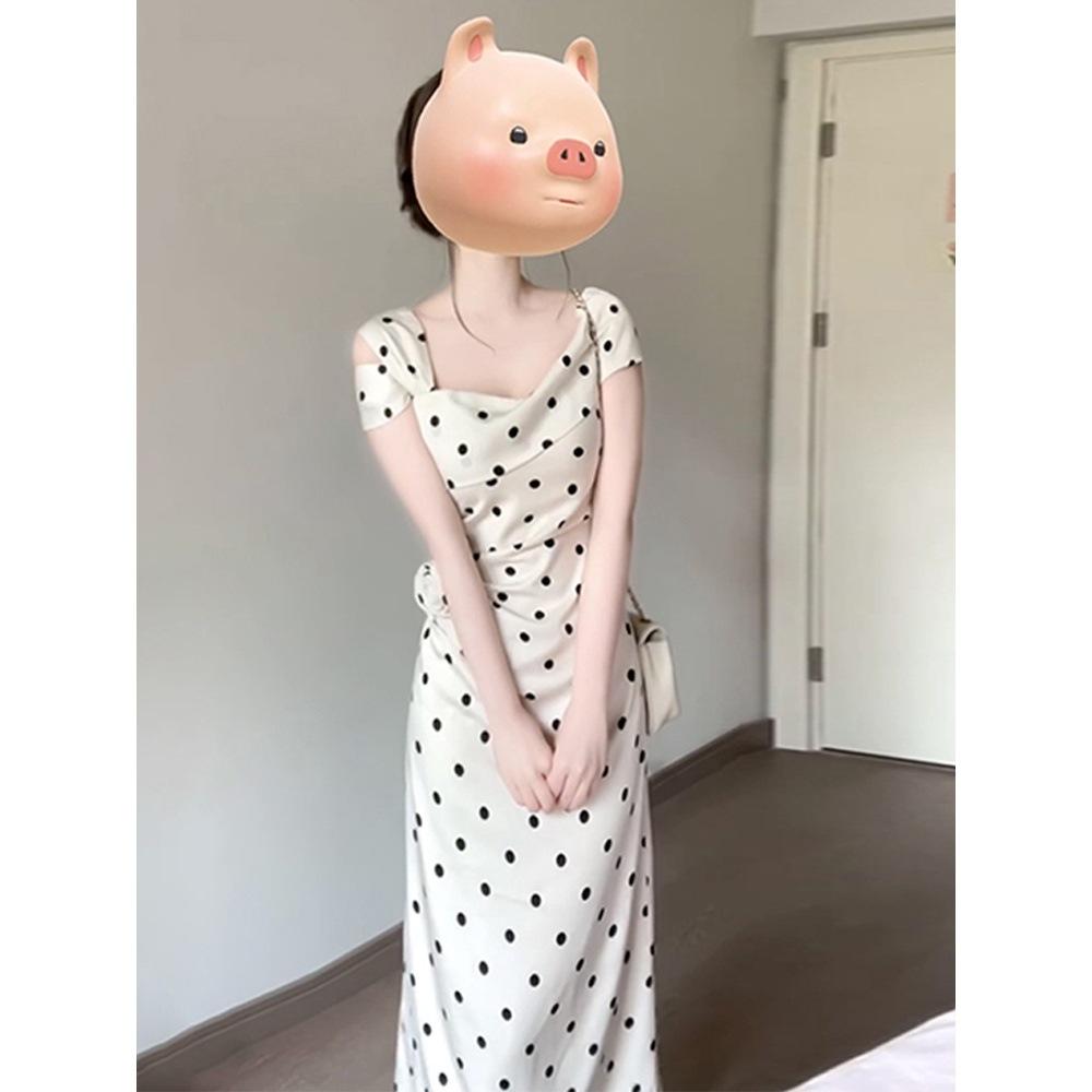 Polka dot suspender white three-dimensional flower waist sleeveless dress spring and summer women's long and thin dress
