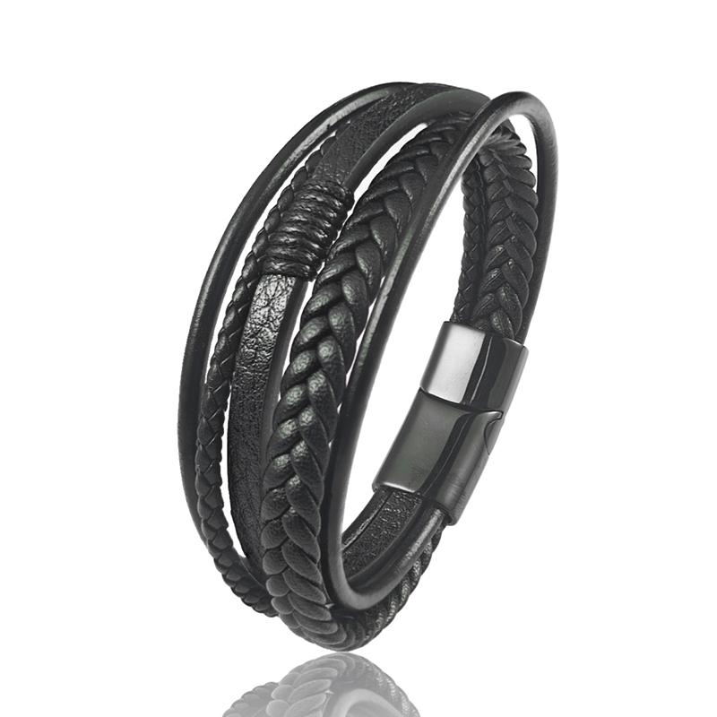 

Men Stainless Steel Bracelet Brown Multi-layer Braided Leather Wristband Magnetic Clasp Punk Casual Jewelry Gift for Boyfriend 20.5cm чёрный
