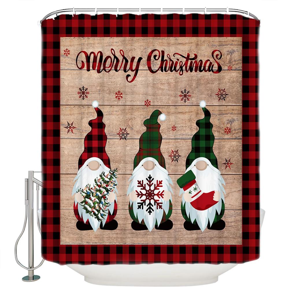 Christmas Gnomes Shower Curtain Set,Cute Winter Xmas Holiday Tree Buffalo Check Plaid Shower Curtains For Bathroom Decor,Hooks