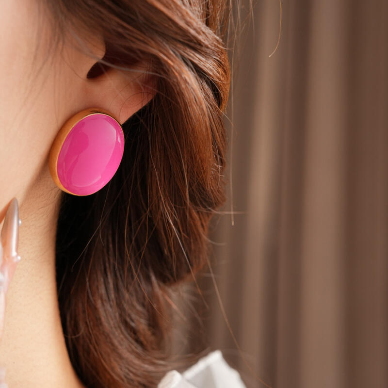 Pink Blue Oil-Dropping Round Oval Stud Earrings Unique Design Bean Beads Ear Studs Earrings Temperament Girl Ear Accessories