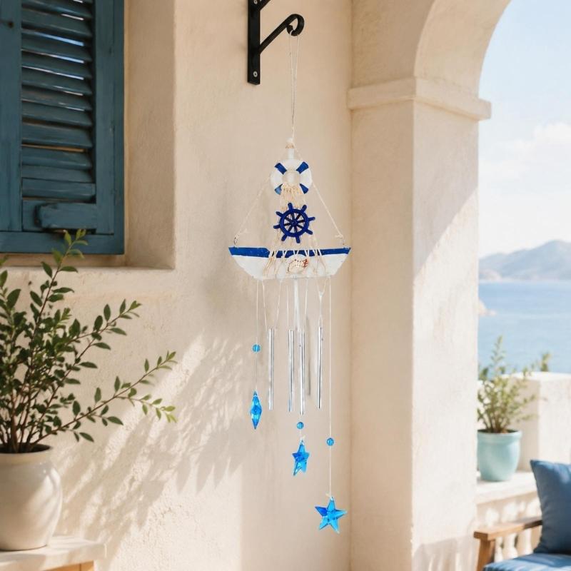 Coastal Wind Chimes with Blue and White Sailboats, Carving and Painted Detail, and Metal Tube, Star Pendants for Entryway Decors