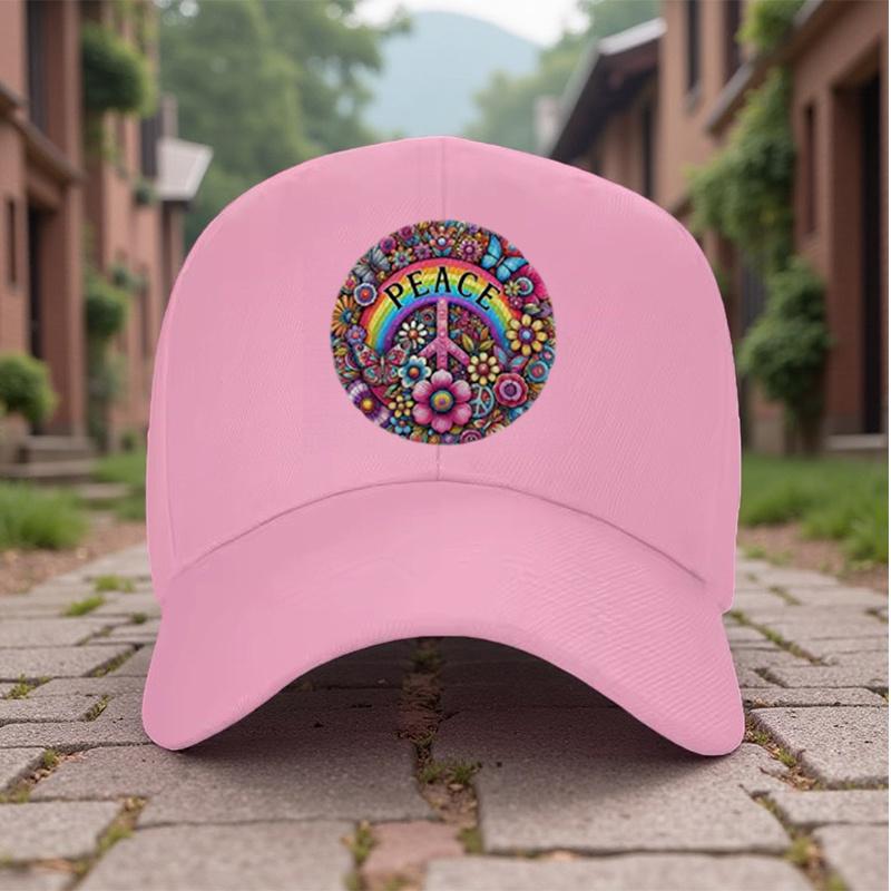 Peace Sign Hippie Rainbow Floral Print Baseball Cap Unisex Cotton Adjustable Casual Summer Hat