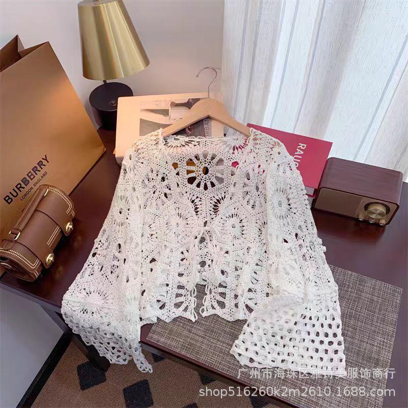 Fashion loose and thin hollow crochet knitted sweater women's new foreign style unique chic cardigan long-sleeved top