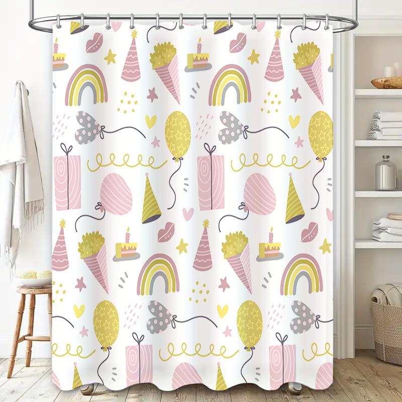 Happy Birthday Party Decorations Shower Curtain For Kids Room Pink Yellow BalloonsParty HatsCakeRainbowStarsBalloonsConfet