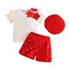 2026 Summer Baby Girl Ribbed Short Sleeve Top, Rhinestone Shorts Skirt & Beret Set (0-3 Years) - Trendy & Sweet