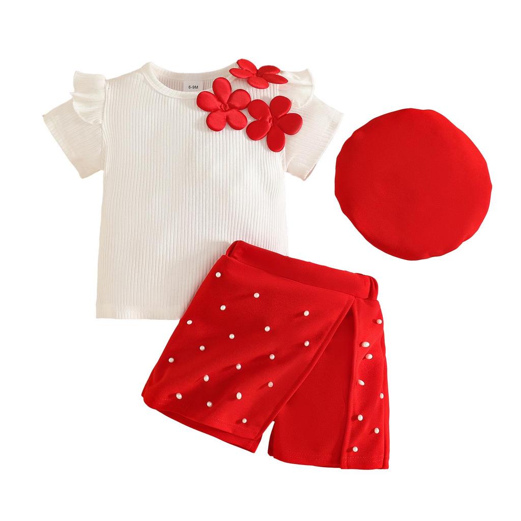 2026 Summer Baby Girl Ribbed Short Sleeve Top, Rhinestone Shorts Skirt & Beret Set (0-3 Years) - Trendy & Sweet