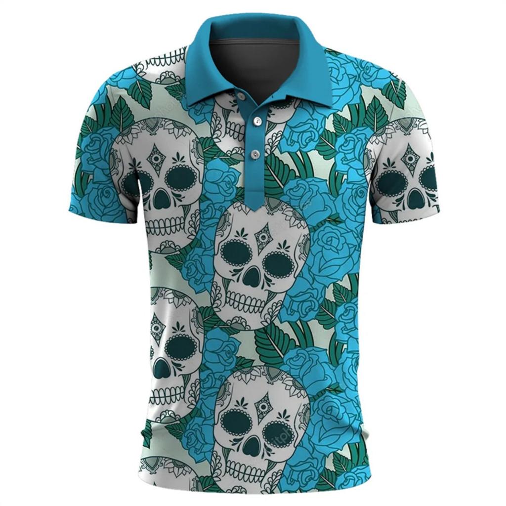 Funny Skull 3D Print Short Sleeve Polo Shirts For Men Clothes Casual Mexico Lucky Skeleton Graphic Lapel POLO Shirt Button Tops