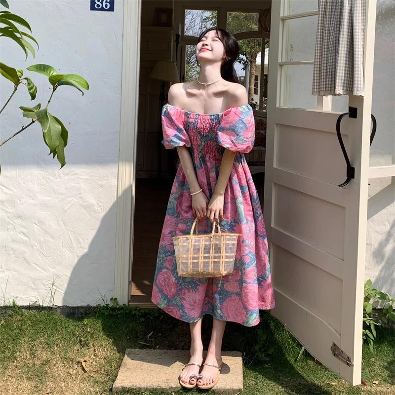 Large size French square collar holiday style skirt dress women's summer new fat MM lantern sleeve floral dress