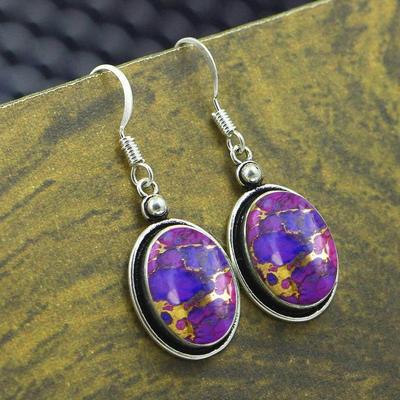 Purple Copper Turquoise Gemstone Earring, 925 Sterling Silver, Oval Earring, Handmade Earring, Women Jewelry