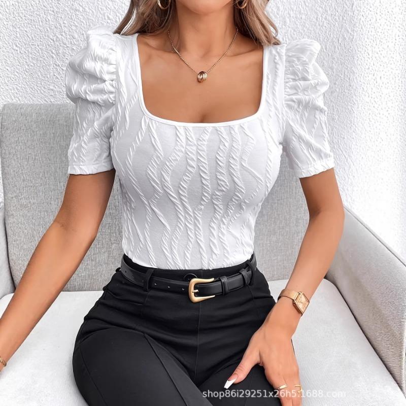 Blusa casual da donna estiva, scollo quadrato, maniche corte a sbuffo, texture, vestibilità slim