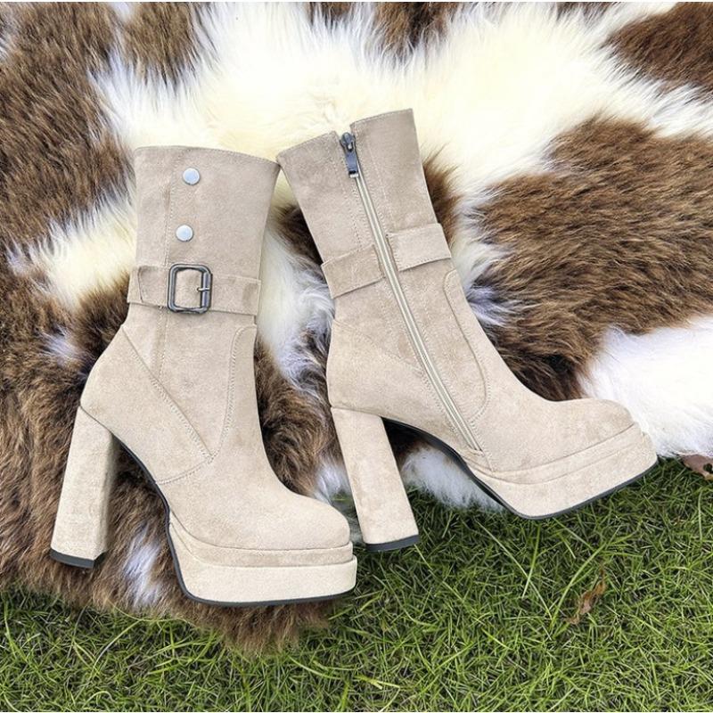 Fashion Vintage Platform Thick High Heel Women Mid-Calf Boots Fashion Slip On Autumn Winter Female Western Short Booties Botas De Mujer