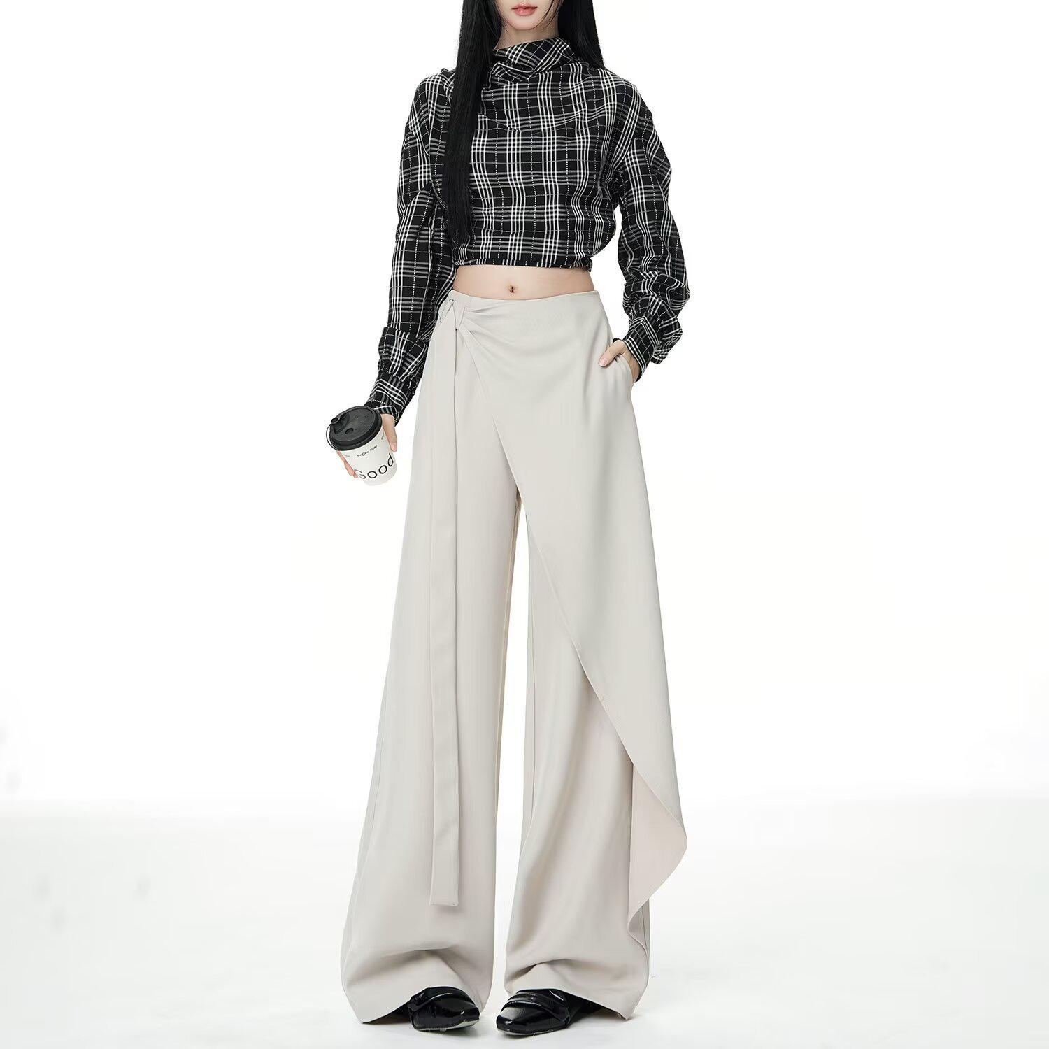 

Spring 2026 Women s High-Waisted Wide-Leg Pants with Irregular Ribbon and Slimming Drape Design Double Extra Large бежевый