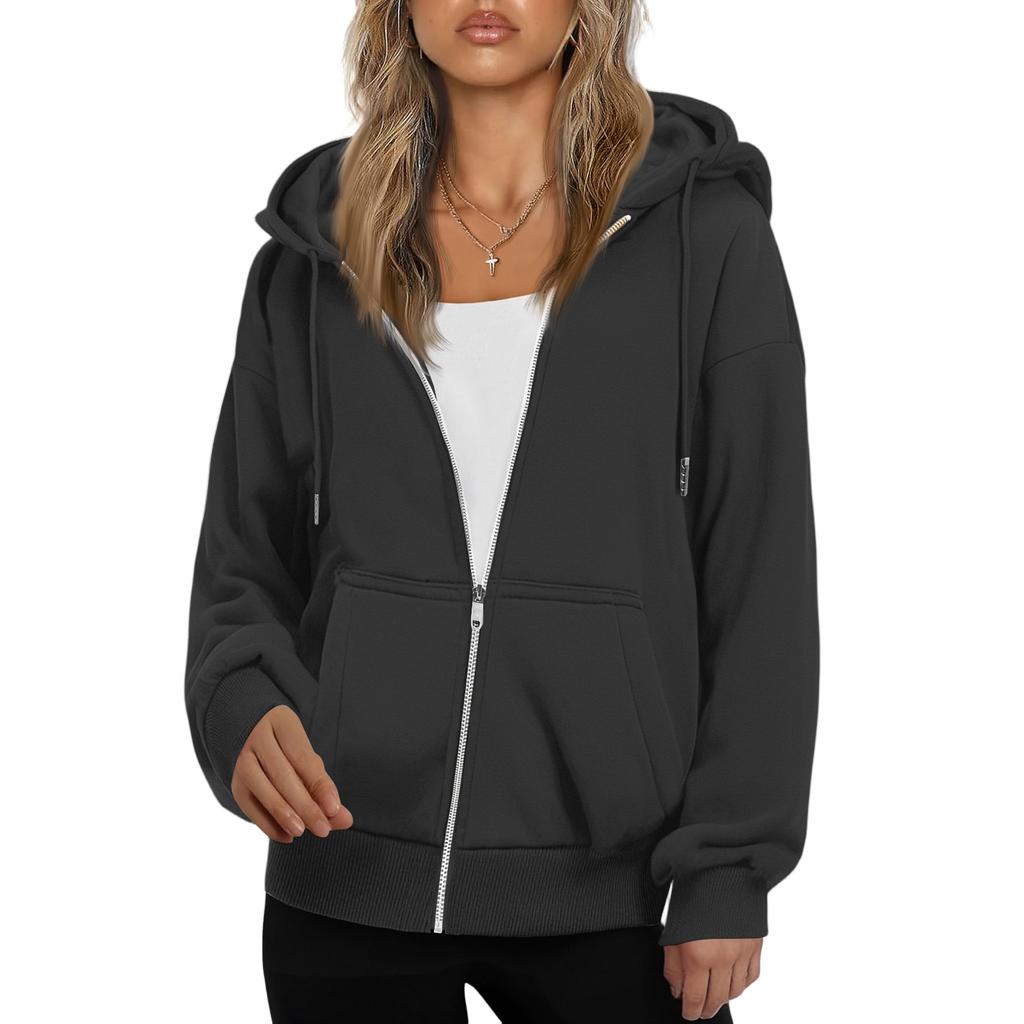 Women's Fashionable Loose Fleece Hooded Casual Cardigan With Zipper Sweatshirt