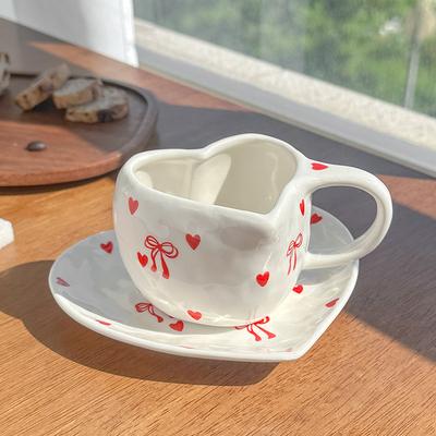Ins Style, High Value Heart-shaped Girl Hand-painted Ceramic Hand-squeezed Cherry Coffee Cup and Saucer Set, Bow Latte Cup.