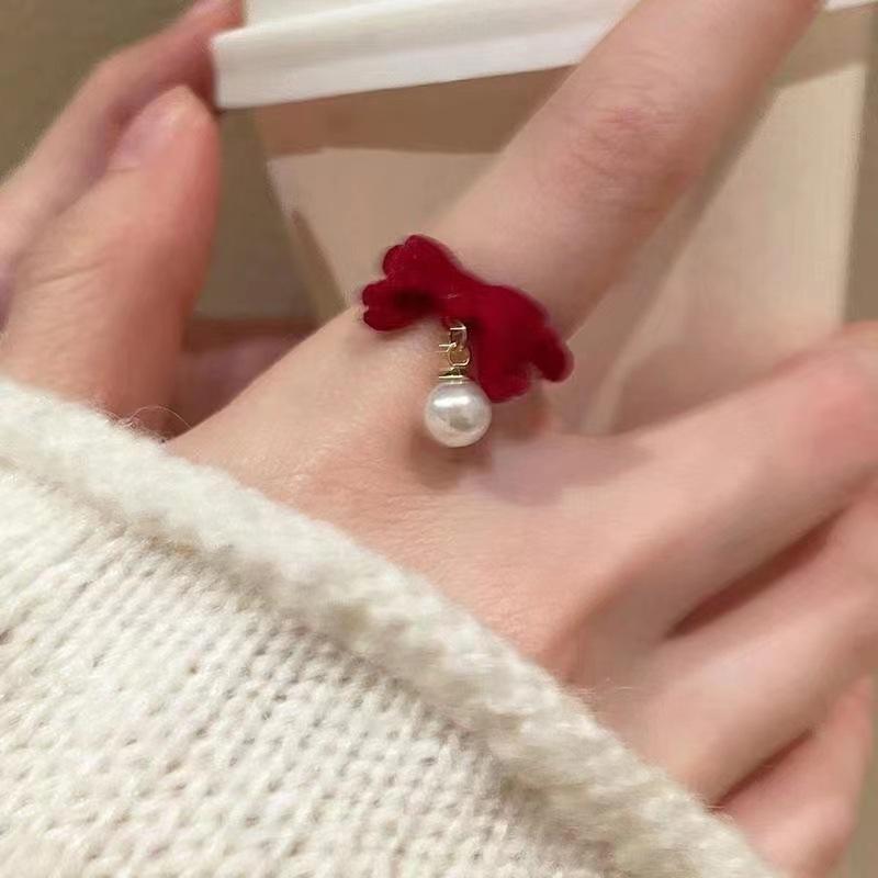 Burgundy Flocking Women's Autumn and Winter Ring Niche Personality Design Simple Index Finger Opening Adjustable Bow