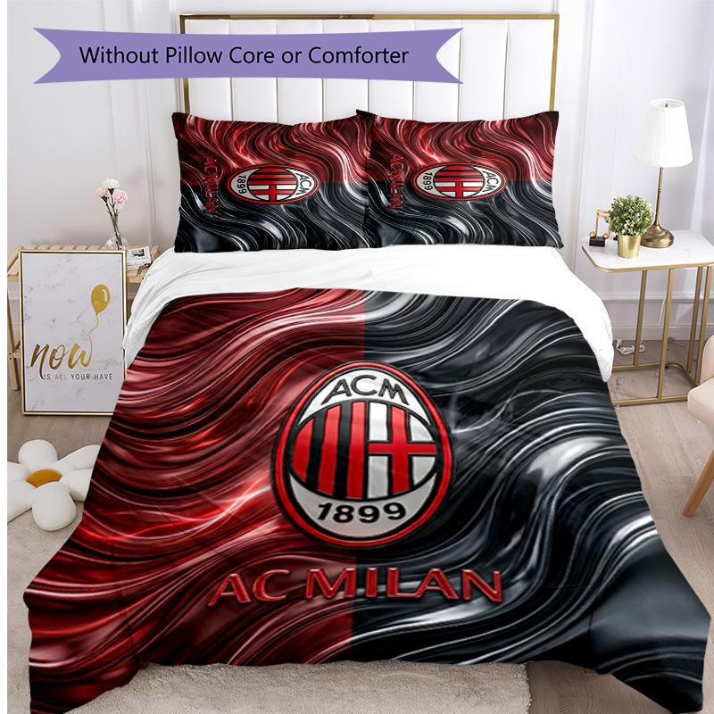 Ensemble de literie 3 pièces imprimé motif AC Milan Housse de couette et taies d'oreiller douces, respectueuses de la peau, lavables Ensemble toutes saisons Chambre à coucher