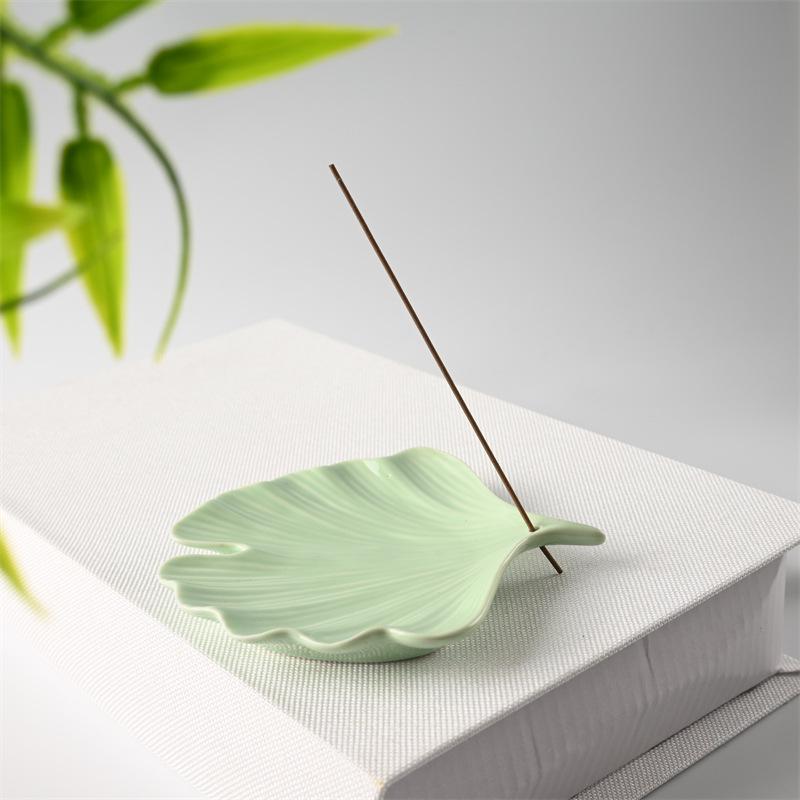 Ceramic Ginkgo Leaf Incense Holder for Sandalwood, Coil, and Line Incense - Indoor Tray and Decorative Plate.