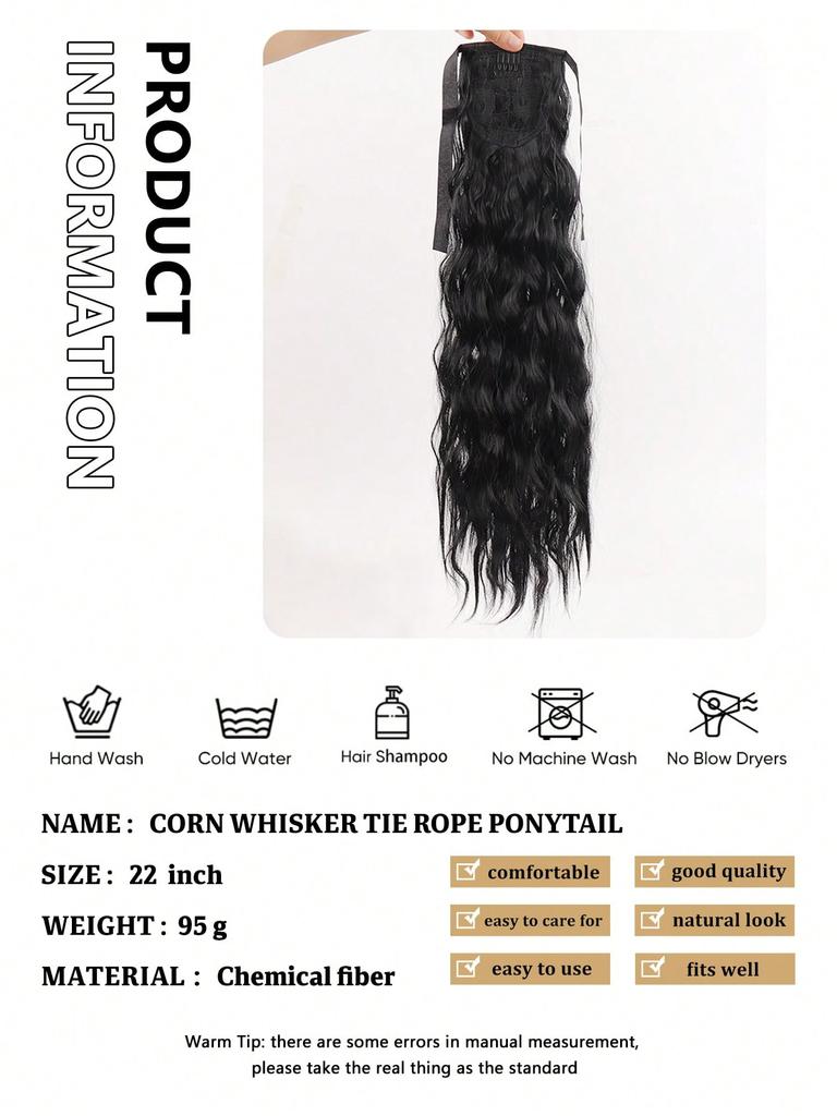 Synthetic Lace-up Long Corn Wavy Ponytail Extension Heat Resistant Wavy Wrap Around Ponytail Black Hairpiece For Women