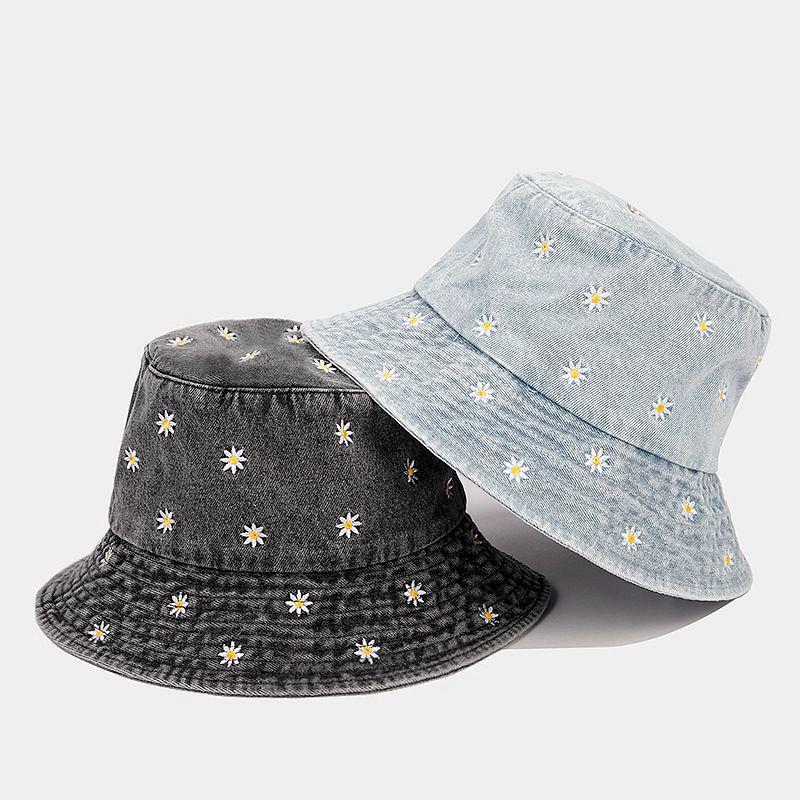 Fashion Girl Y2K Floral Embroidered Denim Bucket Hat Korean Style Foldable Sun Panama Hat for Women Summer Outdoor Casual Cap
