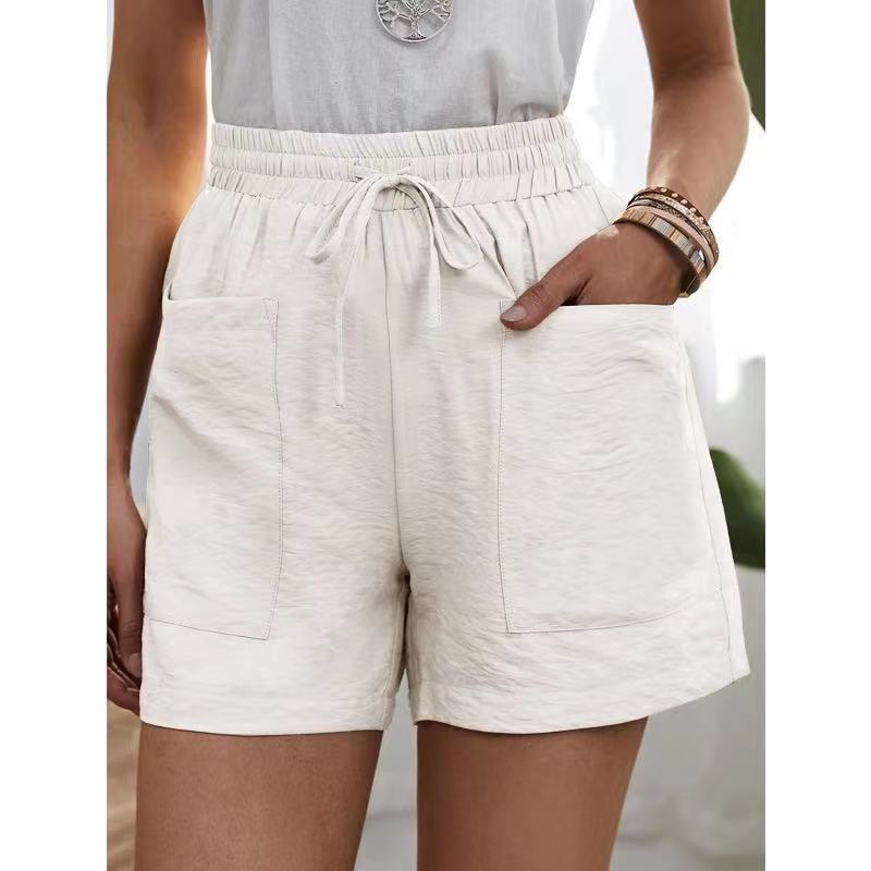 

Summer women s linen texture casual shorts pocket solid color large size high waist wide leg pants S белый