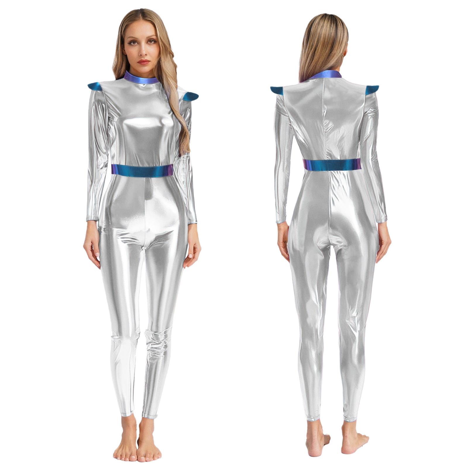 Women Long Sleeve Metallic Shiny Jumpsuit Dancewear Clubwear Halloween Party Alien Space Robot Galaxy Warrior Astronaut Costume S