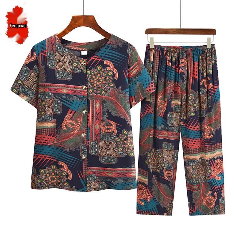 Elderly Women s Summer Cotton Silk Two-Piece Set
