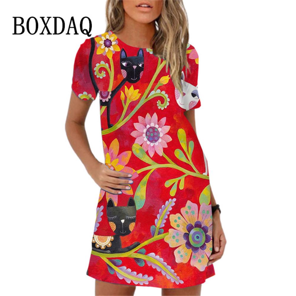 2026 New Summer 3d Peacock Pattern Loose A-line Round Neck Dress Casual Beach Party Short-sleeved Dress