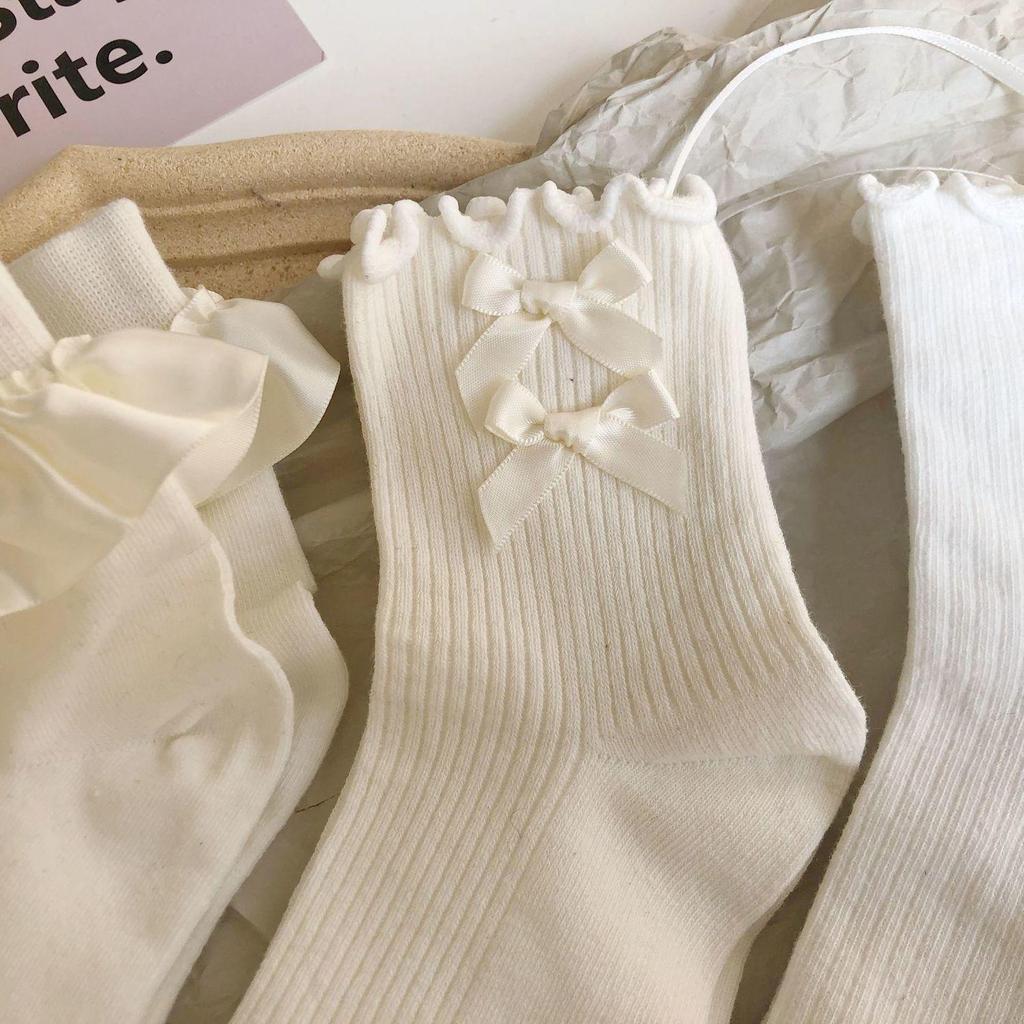 Women's Cute Japanese White Ribbon Bow Lace Mid-Calf Summer Socks