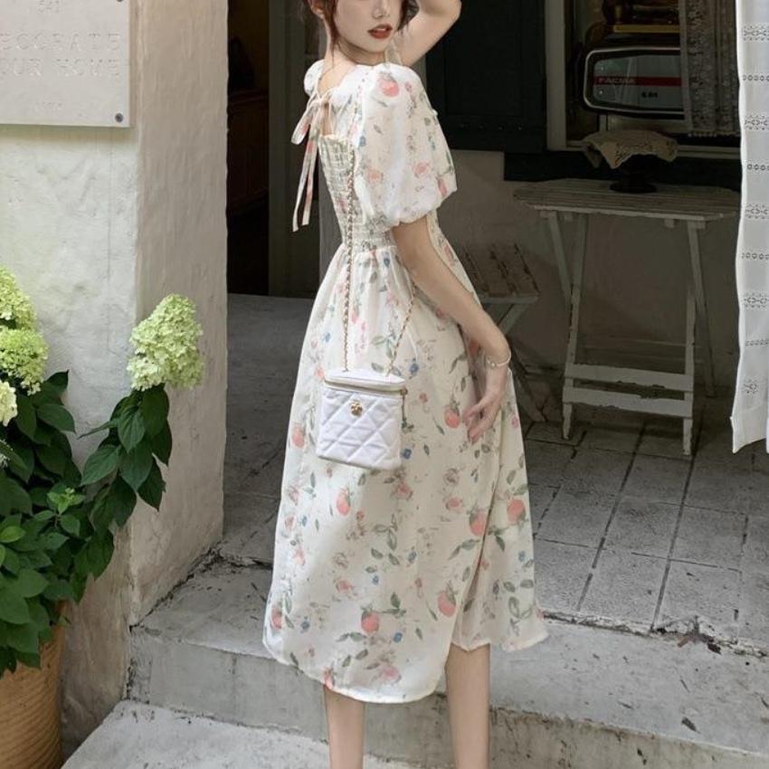 QICED Abito Chic a Collo Quadrato con Stampa Floreale Fresca Femminile Estivo Vento Leggero Vita Slimming Midi Gonna a A
