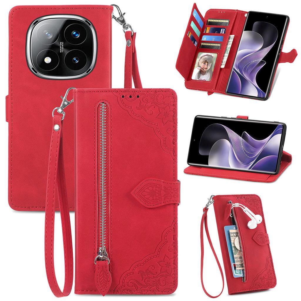 For Xiaomi Redmi Note 14 Pro+ 5G Zipper Wallet Case with Strap Flower Imprint PU Leather Phone Cover