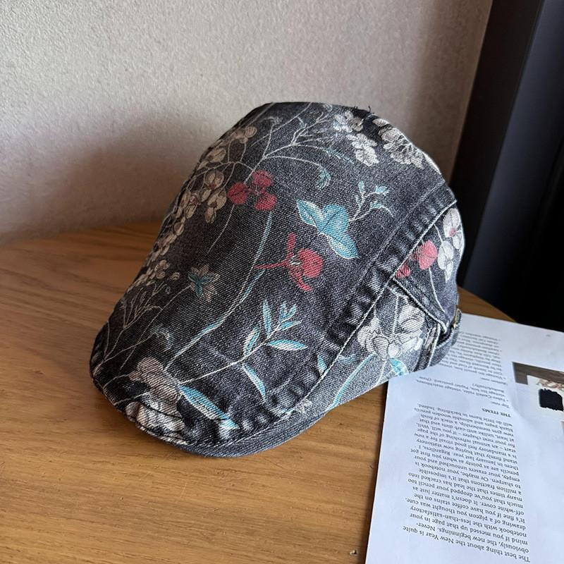 Ethnic Style Denim Cotton Cap With Floral Print For Streetwear And Sun Protection