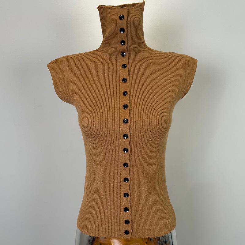 Korean Dongdaemun New Arrival: Feminine High-Neck Sleeveless Knitted T-Shirt